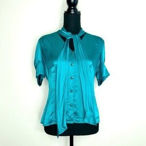 Banana Republic Silk Teal Button Up V-Neck Blouse with Tie